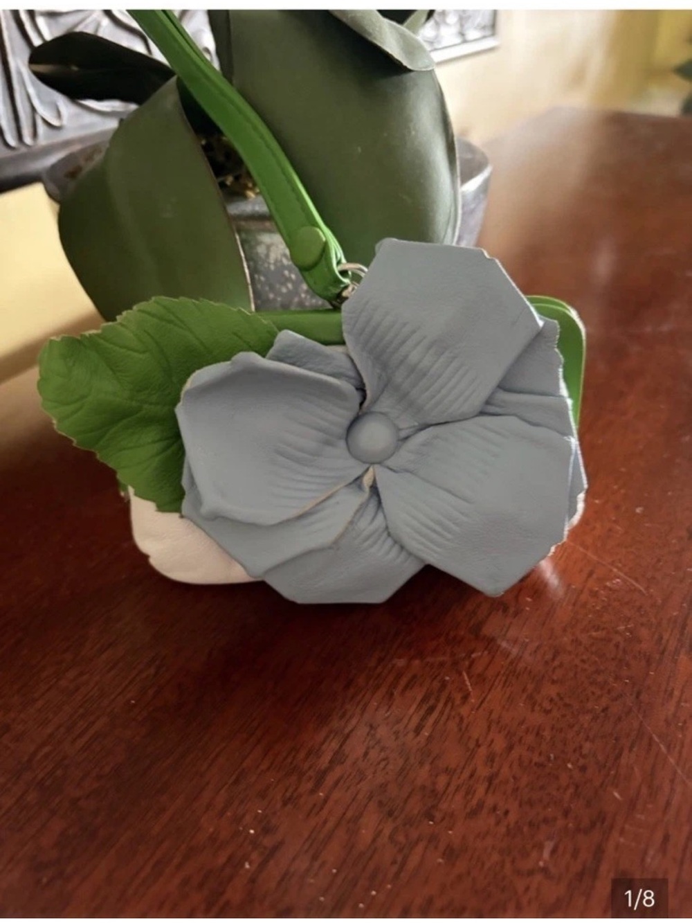 Isabella Fiore Coin Purse Light Blue Floral Wristlet with Green Leaf Accent